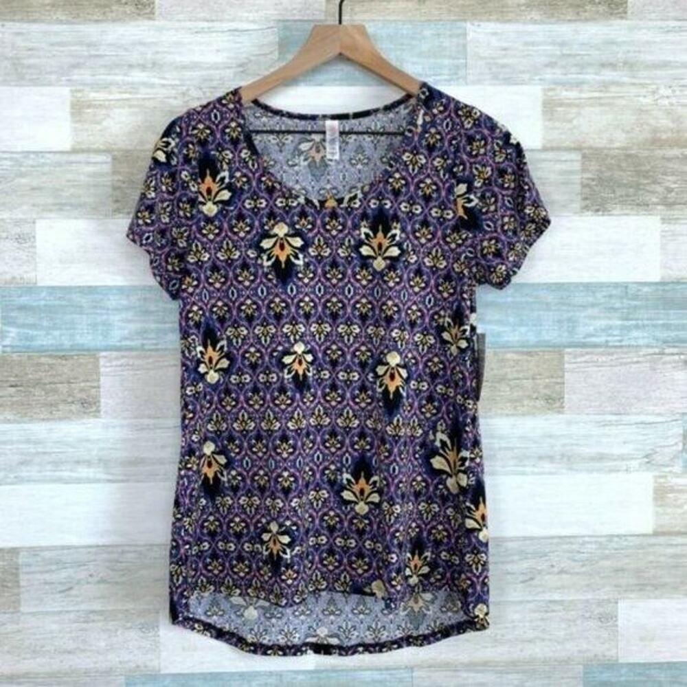 LuLaRoe Classic T Purple Medallion High Low Hem Tunic Jersey Knit Womens XS